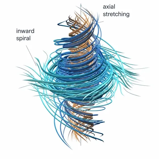 A 3D rendering of a twisting vortex made of blue and orange ribbons, labelled "inward spiral" and "axial stretching"